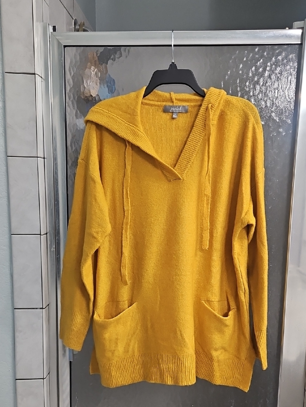 Women's Mustard Yellow V-Neck Hooded Sweater